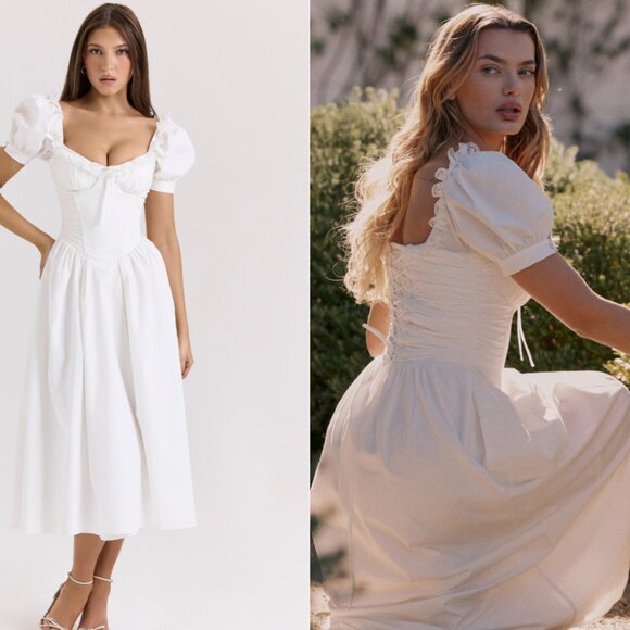 House of CB Dresses & Skirts - House of CB 'Lulabell' White Stretch Cotton Puff Sleeve Midi Dress NWOT